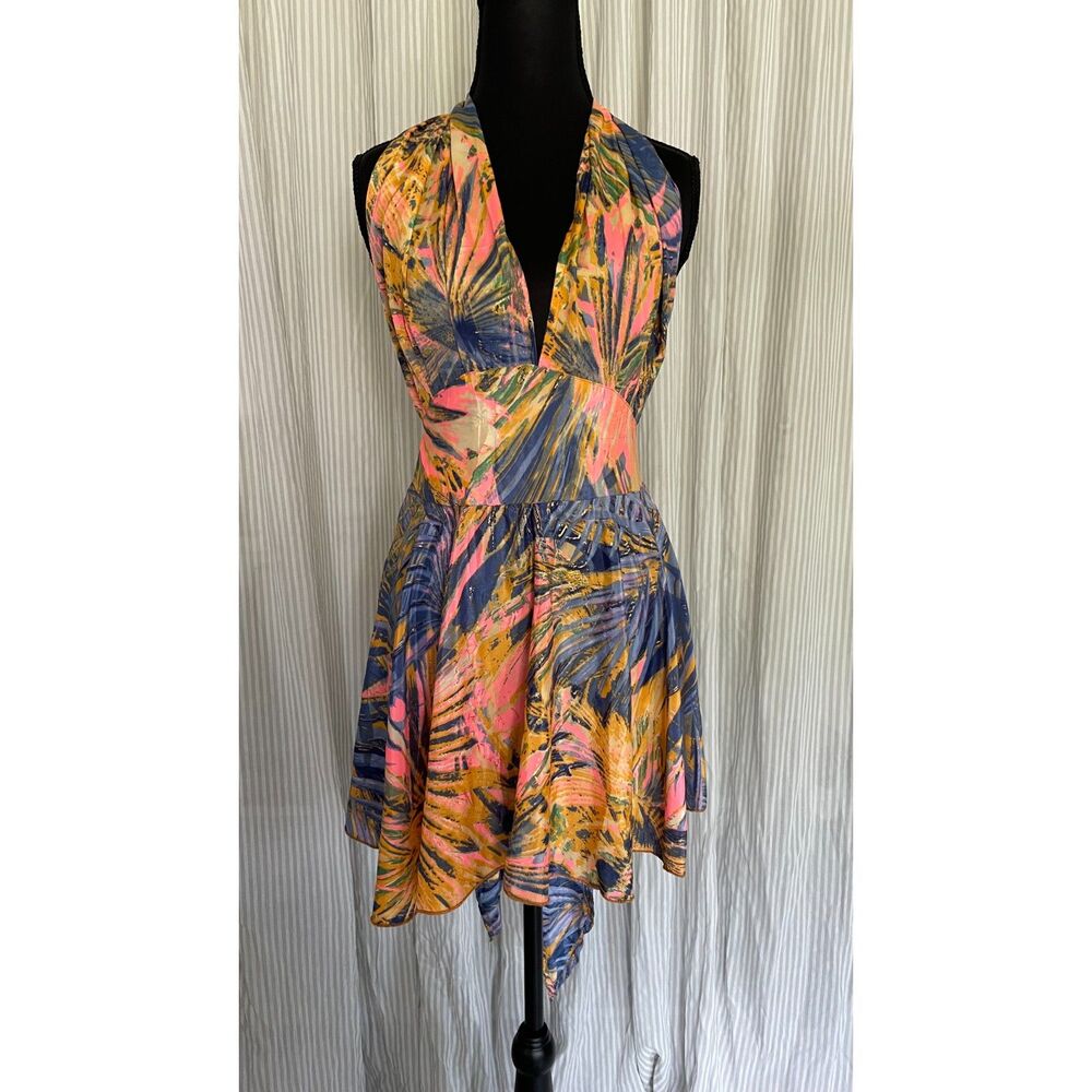 Women Multicolor Silk Halter Dress Sz Small Mini Resort Wear Summer Flirty Boho